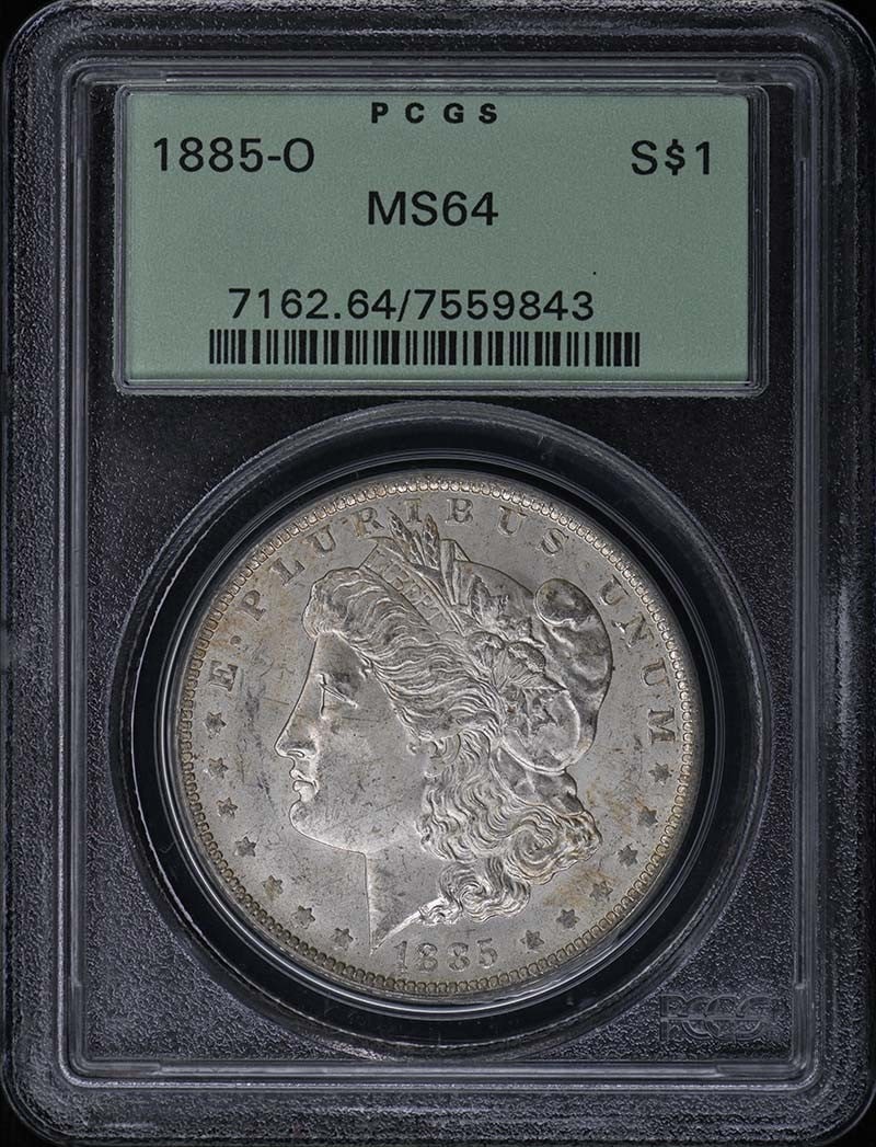 PCGS MS64 1885 O Morgan Dollar $1 Old Green Holder: PCGS MS64 1885 O Morgan Dollar $1 Old Green Holder 1885-O Morgan Dollar certified by PCGS and graded MS64. This uncirculated, pre-owned coin is a United States Morgan Dollar struck at the New Orleans 