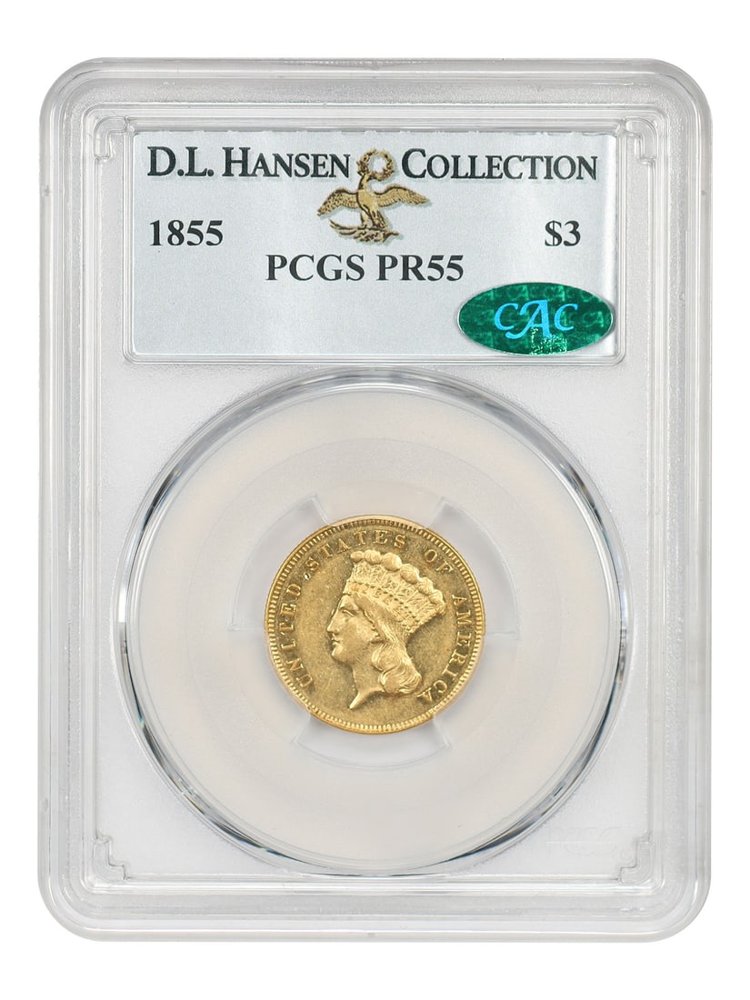 1855 Three Dollar Gold Coin PCGS PR55 CAC ex D.L. Hansen: 1855 Three Dollar Gold Coin PCGS PR55 CAC ex D.L. Hansen 1855 Three Dollar proof gold coin, graded PCGS PR55 and CAC approved. This circulated example is ex D.L. Hansen. Pre-1859 proof gold coins are 