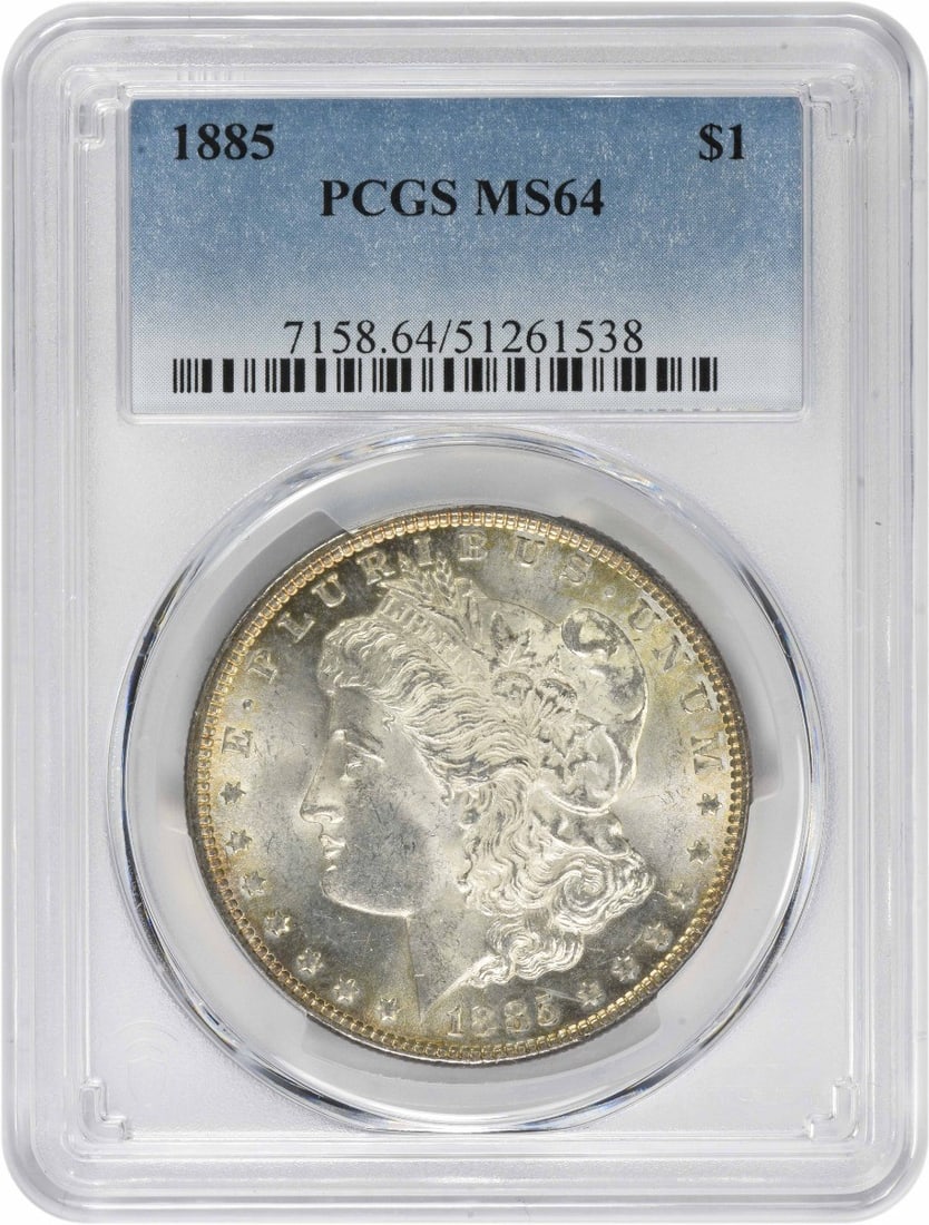 PCGS MS64 1885 Morgan Silver Dollar $1 Philadelphia: PCGS MS64 1885 Morgan Silver Dollar $1 Philadelphia 1885 Morgan Silver Dollar certified by PCGS and graded MS64. This uncirculated United States $1 coin features the classic Morgan design and is struc