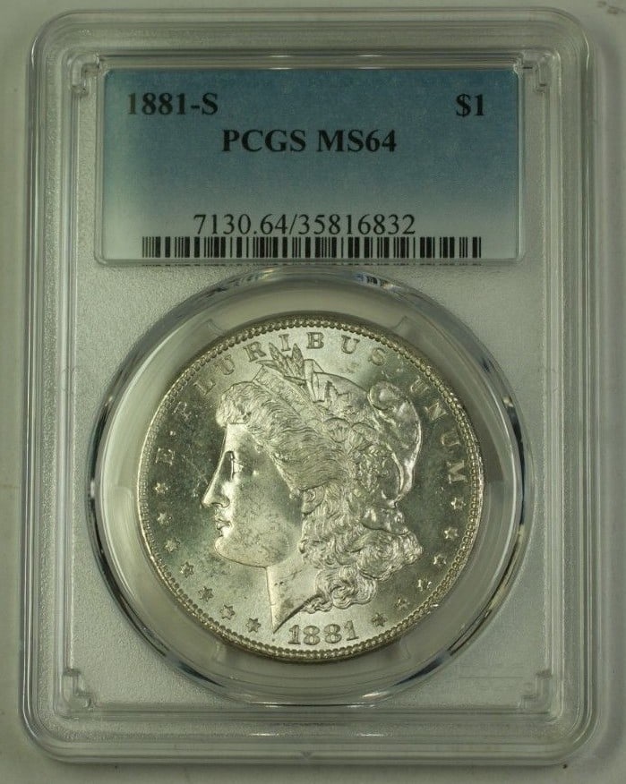 1881-S Morgan Dollar $1 Silver Coin PCGS MS64: 1881-S Morgan Dollar $1 Silver Coin PCGS MS64 1881-S Morgan Silver Dollar $1 coin from the United States, graded MS-64 by PCGS. This uncirculated silver coin is a certified example of the classic Morg