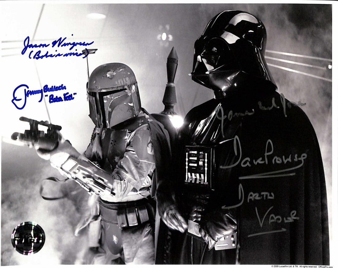 Beckett authenticated Star Wars ESB 8x10 photo signed by 4 actors: Beckett authenticated Star Wars ESB 8x10 photo signed by 4 actors Original signed 8x10 OPIX photograph featuring Darth Vader and Boba Fett on Bespin from Star Wars: The Empire Strikes Back. The photo 