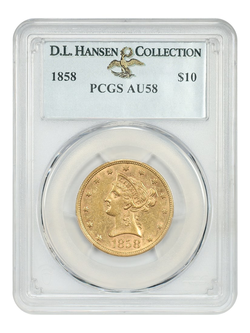1858 Liberty Head $10 Gold Coin PCGS AU58 ex D.L. Hansen: 1858 Liberty Head $10 Gold Coin PCGS AU58 ex D.L. Hansen 1858 Liberty Head $10 gold coin graded PCGS AU58. This circulated example is an important rarity, with a mere 2,521 pieces produced for the iss