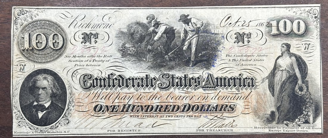 Richmond Confederate Currency Note 1862 One Hundred Dollars $100 (1 of 2)