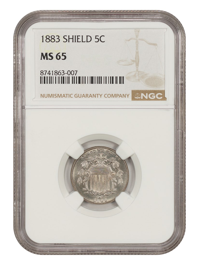 NGC MS65 1883 Shield Nickel 5C Philadelphia Type Coin: NGC MS65 1883 Shield Nickel 5C Philadelphia Type Coin 1883 Shield Nickel certified by NGC in MS65. This uncirculated 5C coin is a great type coin and is offered as a pre-owned piece. Specifications De