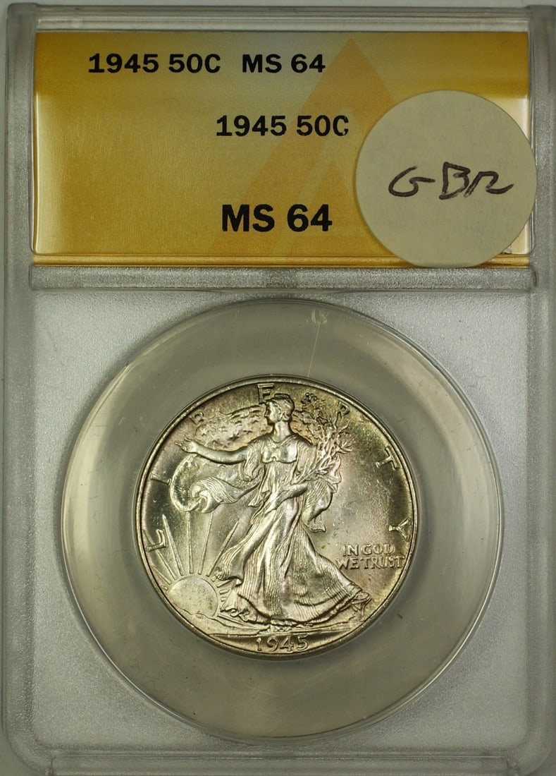 ANACS MS-64 1945 Liberty Walking Half Dollar 50C Silver Coin: ANACS MS-64 1945 Liberty Walking Half Dollar 50C Silver Coin 1945 Walking Liberty silver half dollar 50c coin graded MS-64 by ANACS. This uncirculated United States coin is lightly toned and identifie