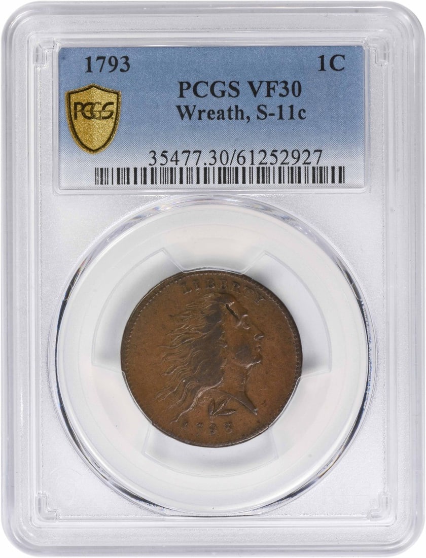 1793 Wreath Large Cent Copper Coin Lettered Edge PCGS VF30: 1793 Wreath Large Cent Copper Coin Lettered Edge PCGS VF30 This 1793 Large Cent features the Wreath reverse and a lettered edge inscribed with 'ONE HUNDRED FOR A DOLLAR.' Graded VF30 by PCGS, this cir