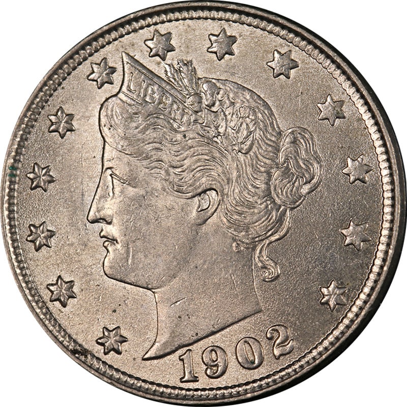 1902 Uncirculated Liberty Head V Nickel Choice BU: 1902 Uncirculated Liberty Head V Nickel Choice BU Original 1902 Liberty V Nickel with Choice BU grade. This uncirculated coin is described as having great eye appeal, nice luster, a nice strike, and a