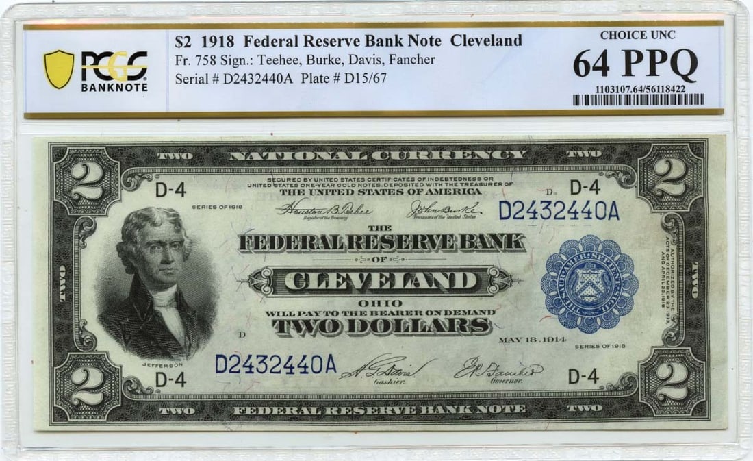 1918 $2 Cleveland Federal Reserve Bank Note PCGS CU64 Battleship Design (1 of 2)