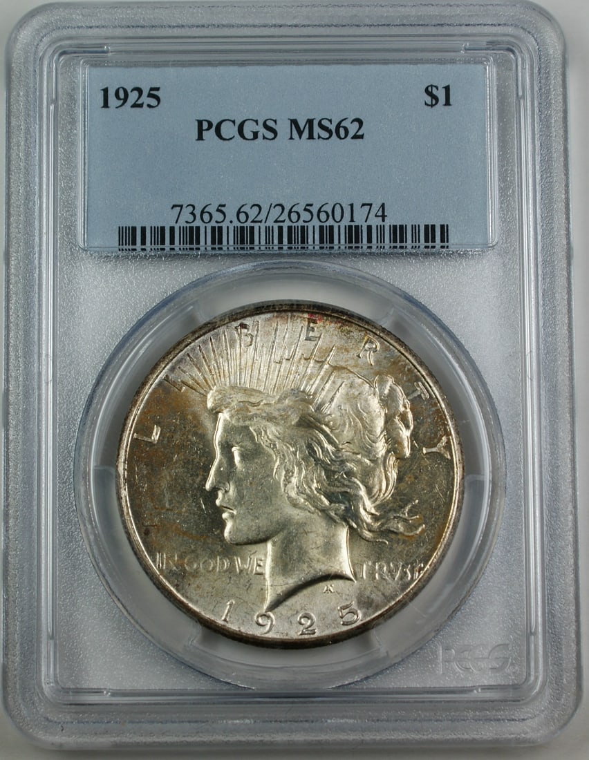 PCGS MS62 1925 Peace Dollar Silver Coin Philadelphia Mint Toned Obverse: PCGS MS62 1925 Peace Dollar Silver Coin Philadelphia Mint Toned Obverse This 1925 Peace Silver Dollar coin is certified by PCGS with a grade of MS-62, indicating uncirculated condition. The obverse fe