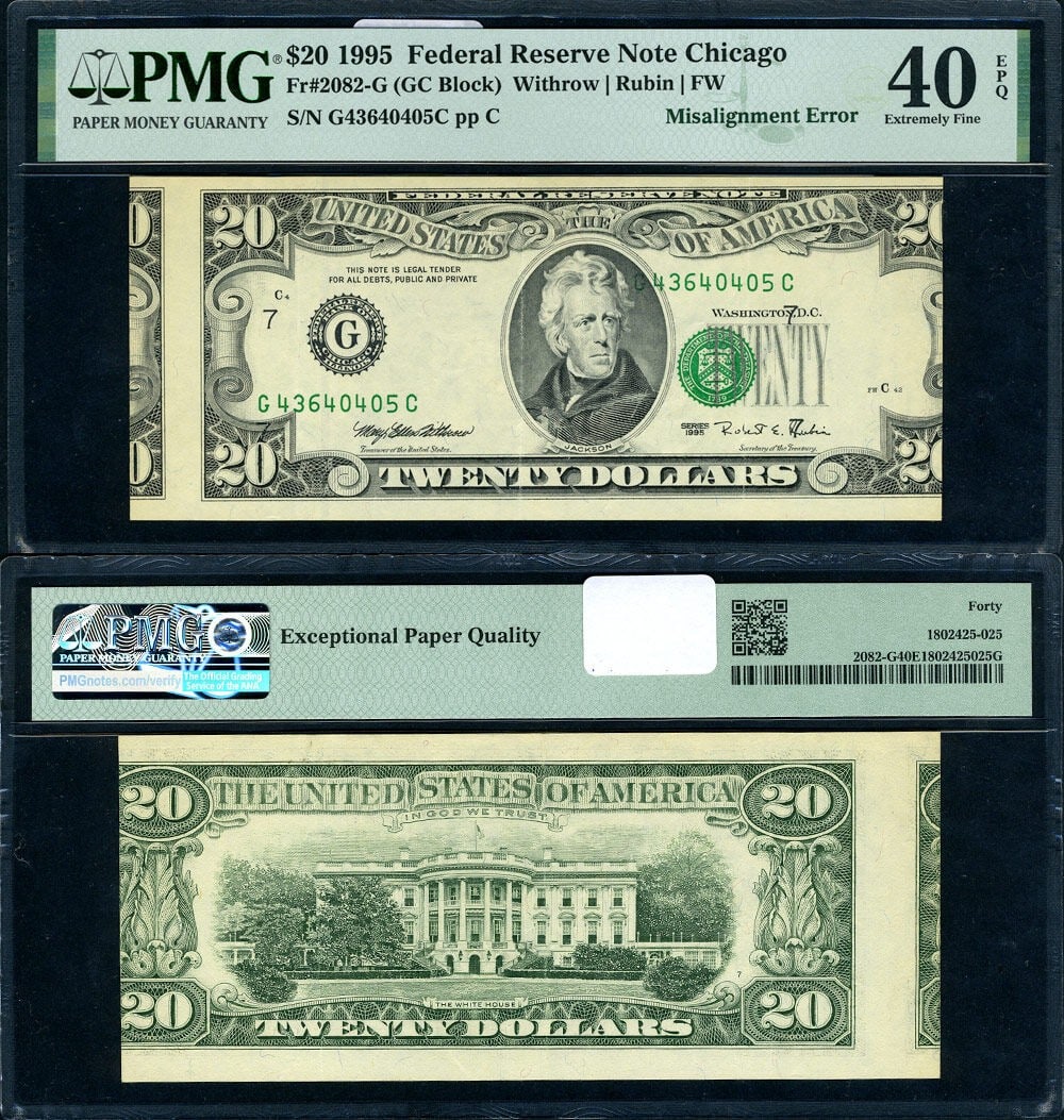 1995 $20 Federal Reserve Note Fr 2082 G Misalignment Error PMG XF40 (1 of 3)
