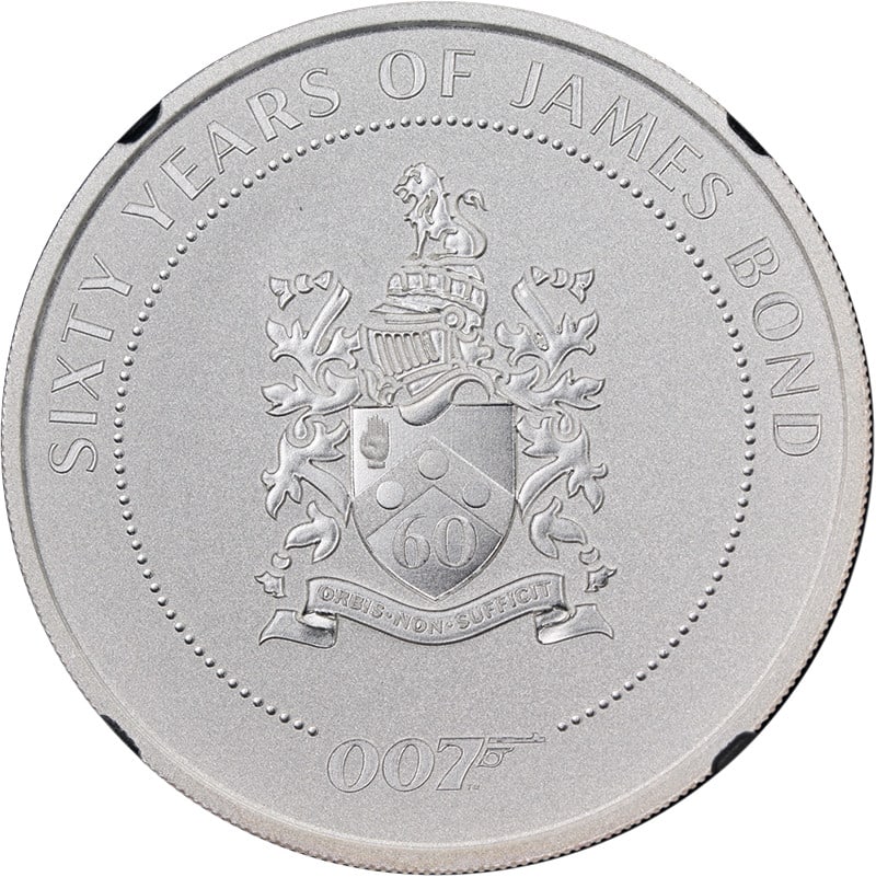 2022 Tuvalu $1 1 oz Silver Bond Family Crest Coin NGCX MS 9.9: 2022 Tuvalu $1 1 oz Silver Bond Family Crest Coin NGCX MS 9.9 Original 2022 Tuvalu 1 ounce silver $1 coin commemorating 60 Years of Bond with the Family Crest design. This uncirculated coin is graded 