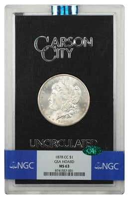 1878 Carson City Morgan Dollar GSA NGC MS63 CAC: 1878 Carson City Morgan Dollar GSA NGC MS63 CAC 1878-CC Morgan Dollar from the GSA hoard, housed in the original hard case and graded NGC MS63 with CAC approval. This pre-owned example is an original 