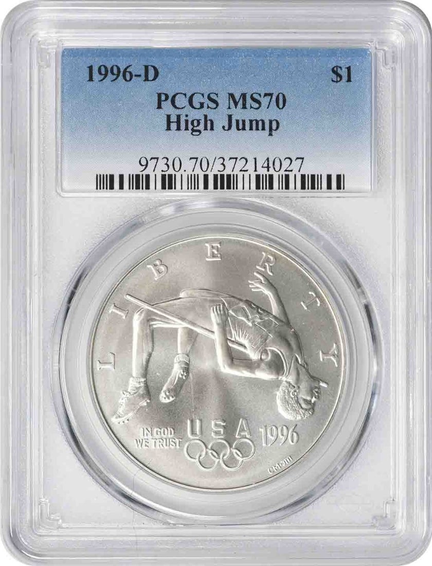 PCGS MS70 1996-D Olympic High Jump Commemorative Silver Dollar: PCGS MS70 1996-D Olympic High Jump Commemorative Silver Dollar 1996-D High Jump Commemorative Silver Dollar graded MS70 by PCGS. This uncirculated United States commemorative coin was struck in Denver