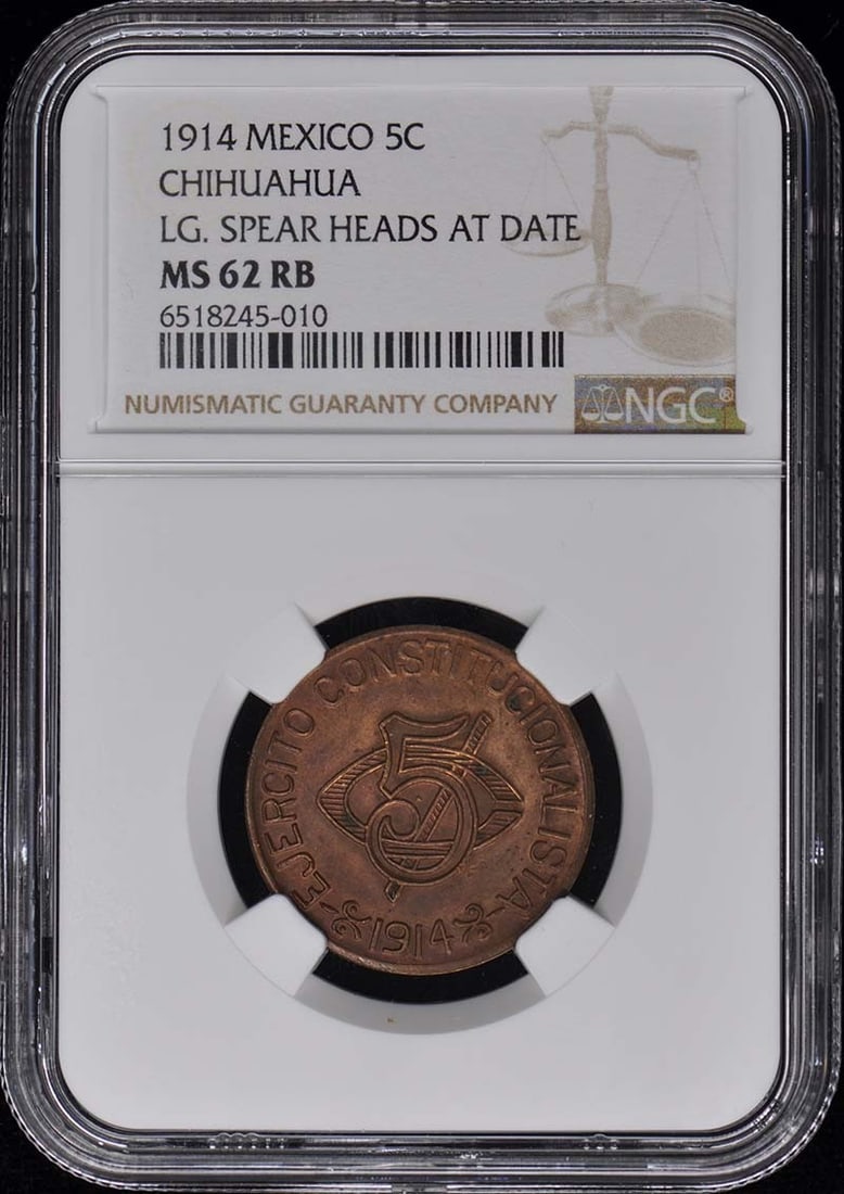 1914 Chihuahua 5 Centavo Coin NGC MS62RB Uncirculated: 1914 Chihuahua 5 Centavo Coin NGC MS62RB Uncirculated This 1914 Mexico Chihuahua 5 Cent coin is graded as MS62 by NGC, ensuring its uncirculated condition. A beautiful collectible piece that showcases
