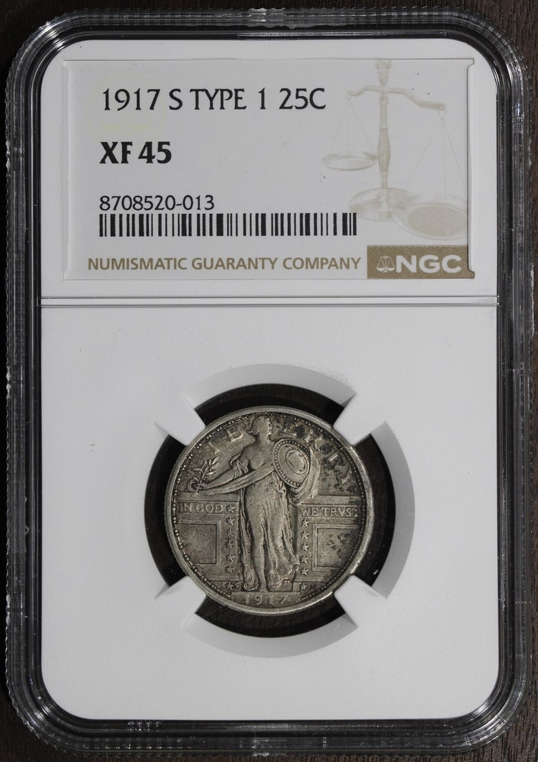 NGC XF45 1917-S Standing Liberty Quarter Type 1 25C: NGC XF45 1917-S Standing Liberty Quarter Type 1 25C 1917-S Type 1 Standing Liberty quarter certified by NGC with an XF45 grade. This pre-owned United States 25C coin is struck in 90% silver and identi