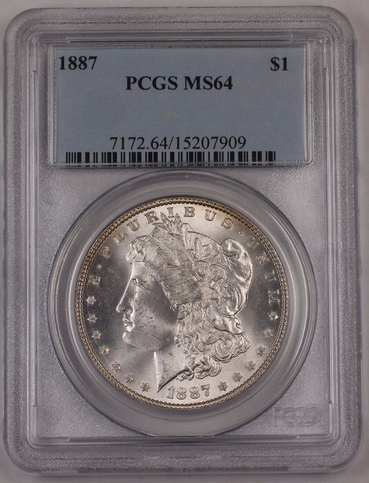 1887 Morgan Silver Dollar $1 PCGS MS64 United States Coin: 1887 Morgan Silver Dollar $1 PCGS MS64 United States Coin 1887 Morgan Silver Dollar coin certified by PCGS and graded MS-64. This United States $1 coin is struck in silver and listed as uncirculated. 