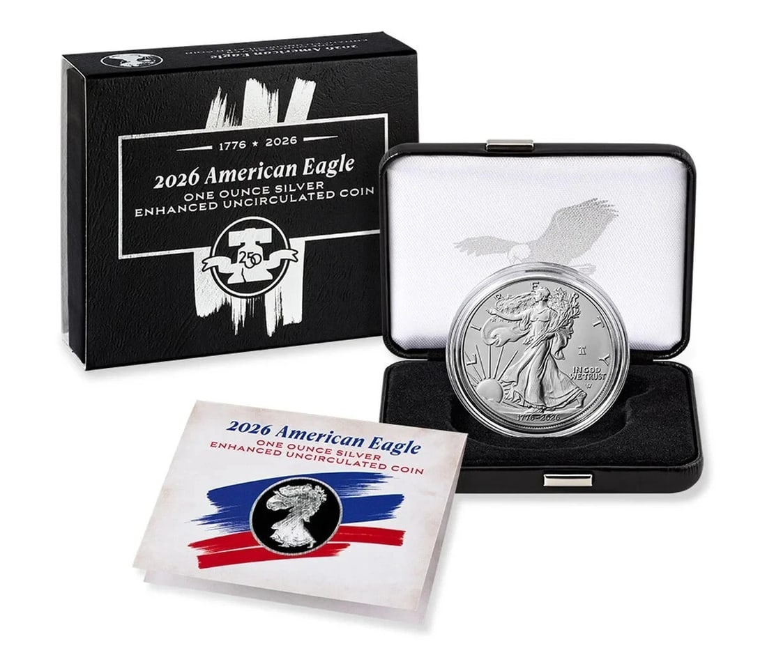 2026-W American Silver Eagle 1 oz enhanced uncirculated coin OGP: 2026-W American Silver Eagle 1 oz enhanced uncirculated coin OGP 2026-W American Silver Eagle coin struck in 0.999 fine silver with 1 oz precious metal content. This 250th Anniversary issue comes in o
