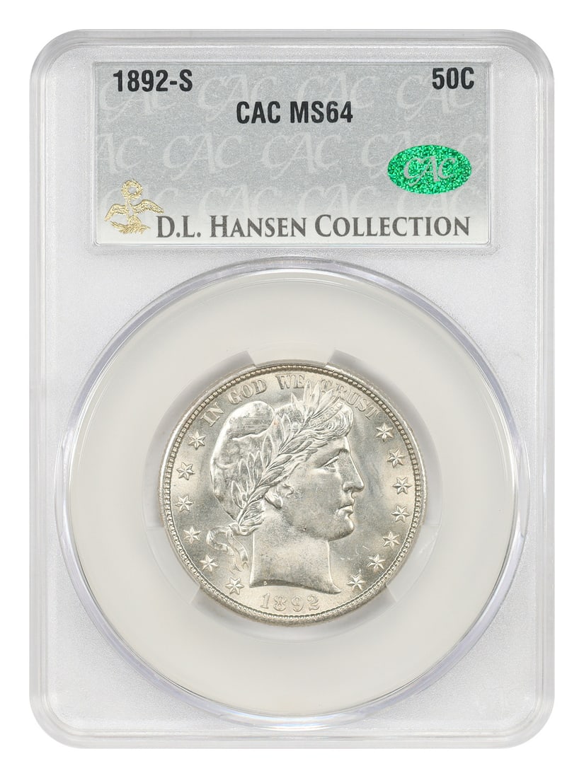 Barber Half Dollar 1892 S 50C CACG MS64 ex D.L. Hansen: Barber Half Dollar 1892 S 50C CACG MS64 ex D.L. Hansen 1892-S Barber Half Dollar certified MS64 by CACG and pedigreed ex: D.L. Hansen. This first-year S-Mint issue is described as a very tough Barber 
