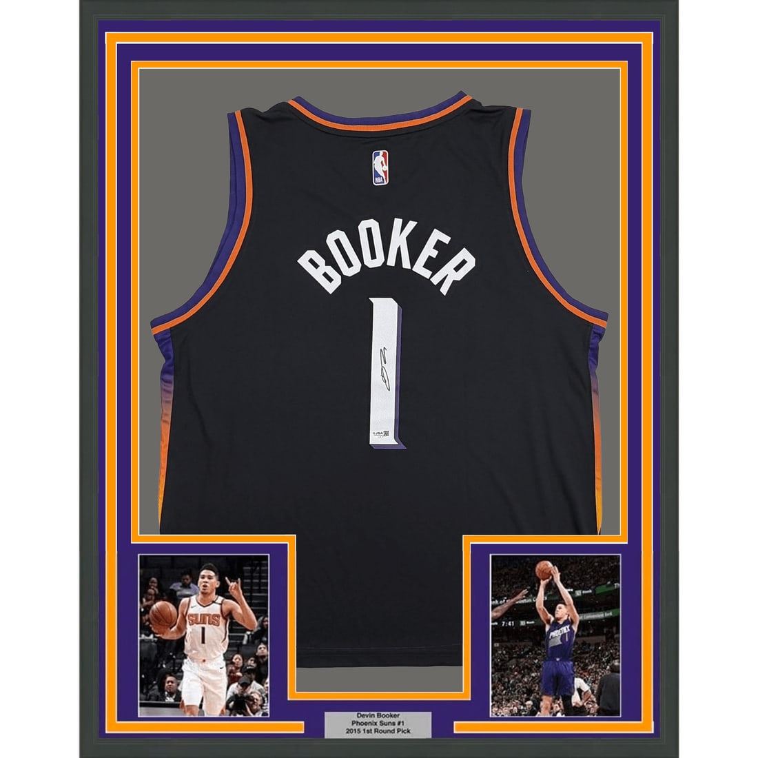 Devin Booker signed framed black Phoenix Suns jersey with JSA COA: Devin Booker signed framed black Phoenix Suns jersey with JSA COA Professionally framed autographed Devin Booker Phoenix Suns black authentic jersey. This original signed basketball display is matted 