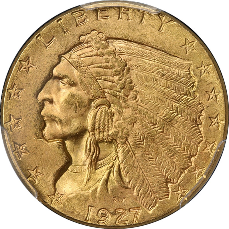 1927 $2.50 Indian Gold Coin PCGS MS64 Uncirculated: 1927 $2.50 Indian Gold Coin PCGS MS64 Uncirculated A 1927 Indian Gold $2.50 coin graded PCGS MS64. This pre-owned coin is described as uncirculated and noted for superb eye appeal, fantastic luster, a