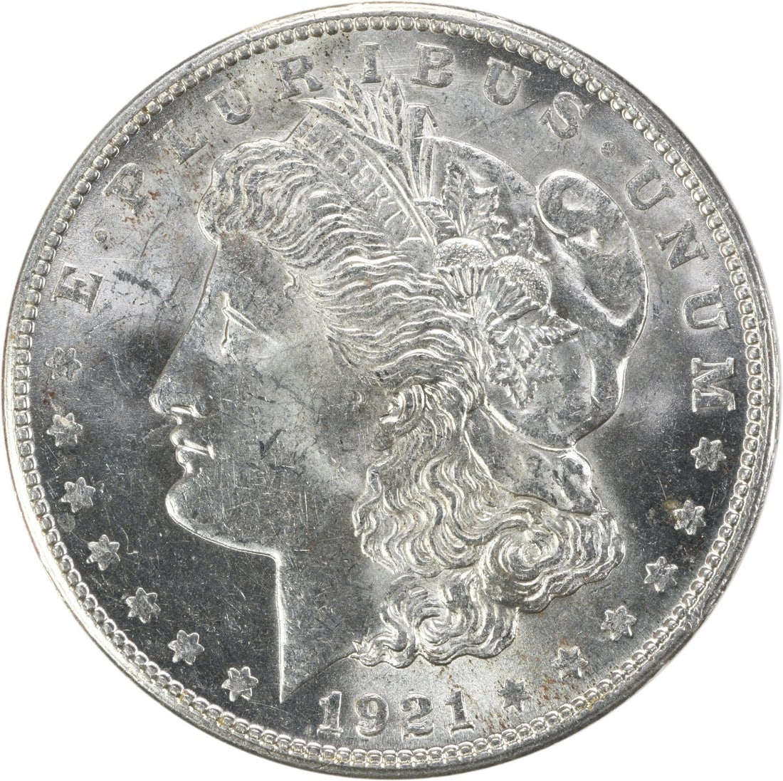 1921 San Francisco Morgan Dollar Silver BU Uncertified US Coin: 1921 San Francisco Morgan Dollar Silver BU Uncertified US Coin This is a 1921-S Morgan Silver Dollar from the United States. The coin is uncirculated and composed of silver, featuring a brilliant unci