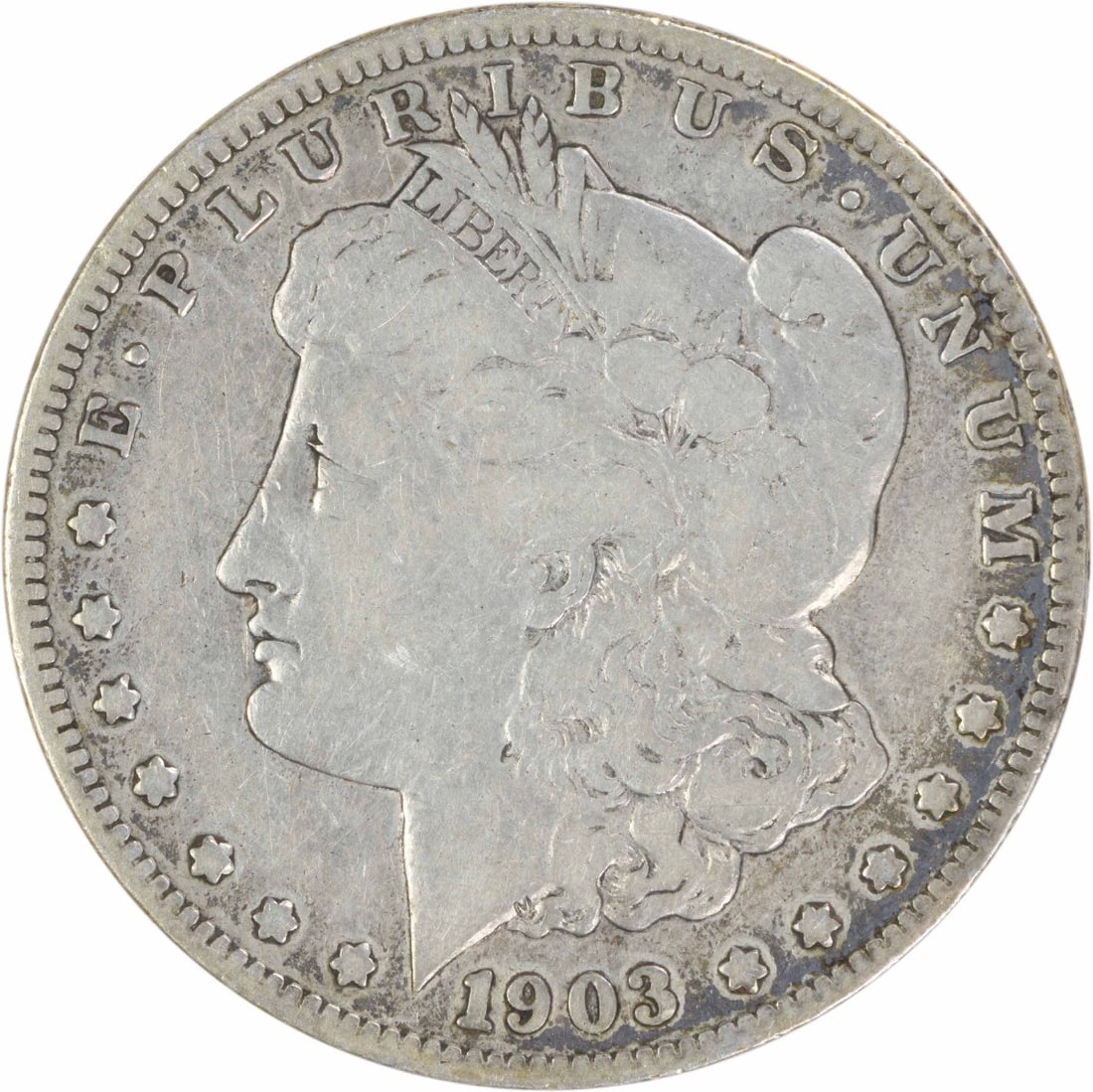 1903 San Francisco Morgan Silver Dollar F Uncertified: 1903 San Francisco Morgan Silver Dollar F Uncertified 1903-S Morgan Silver Dollar in circulated Fine (F) condition. This uncertified U.S. coin features the classic Morgan design and is composed of 90%