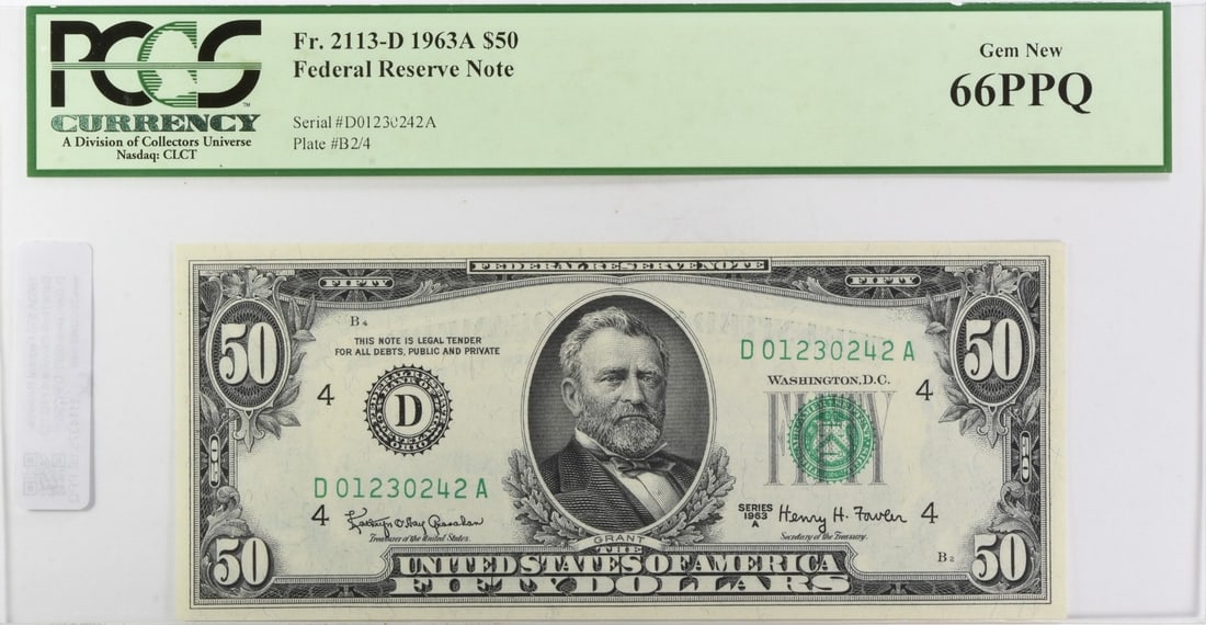 PCGS 66PPQ Cleveland FR2113-D 1963A $50 Federal Reserve Note: PCGS 66PPQ Cleveland FR2113-D 1963A $50 Federal Reserve Note 1963A $50 Federal Reserve Bank Note from Cleveland, graded Gem Uncirculated 66PPQ by PCGS. This United States note is a pre-owned example w