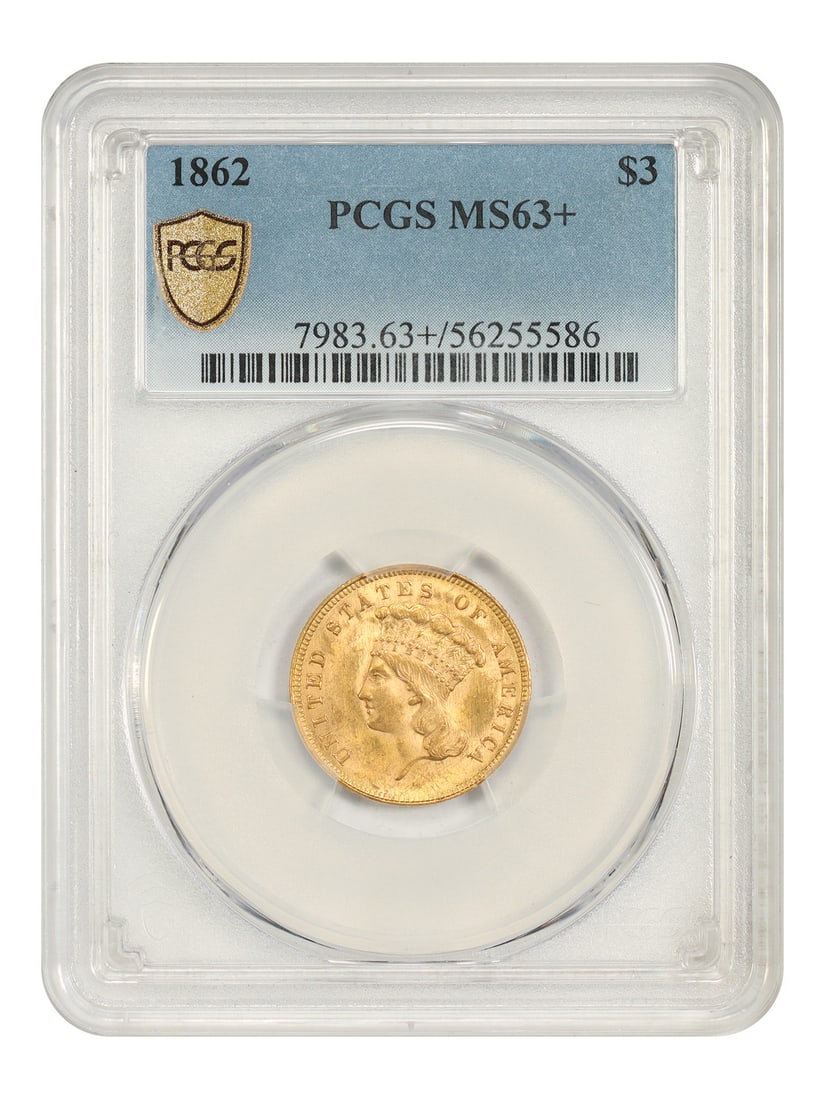 1862 Three Dollar Gold Coin PCGS MS63+ Philadelphia: 1862 Three Dollar Gold Coin PCGS MS63+ Philadelphia 1862 Three Dollar gold coin certified by PCGS as MS63+. This uncirculated Civil War date is described as an extremely tough issue with lovely, satin