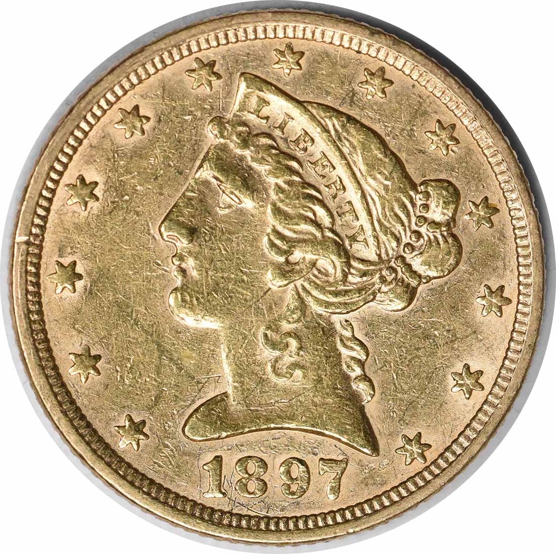 1897 Liberty Head $5 Gold Coin AU Uncertified: 1897 Liberty Head $5 Gold Coin AU Uncertified 1897 Liberty Head $5 gold coin in AU slider condition. This uncertified, pre-owned coin is listed as circulated and dated 1897. Specifications Coin Type: 