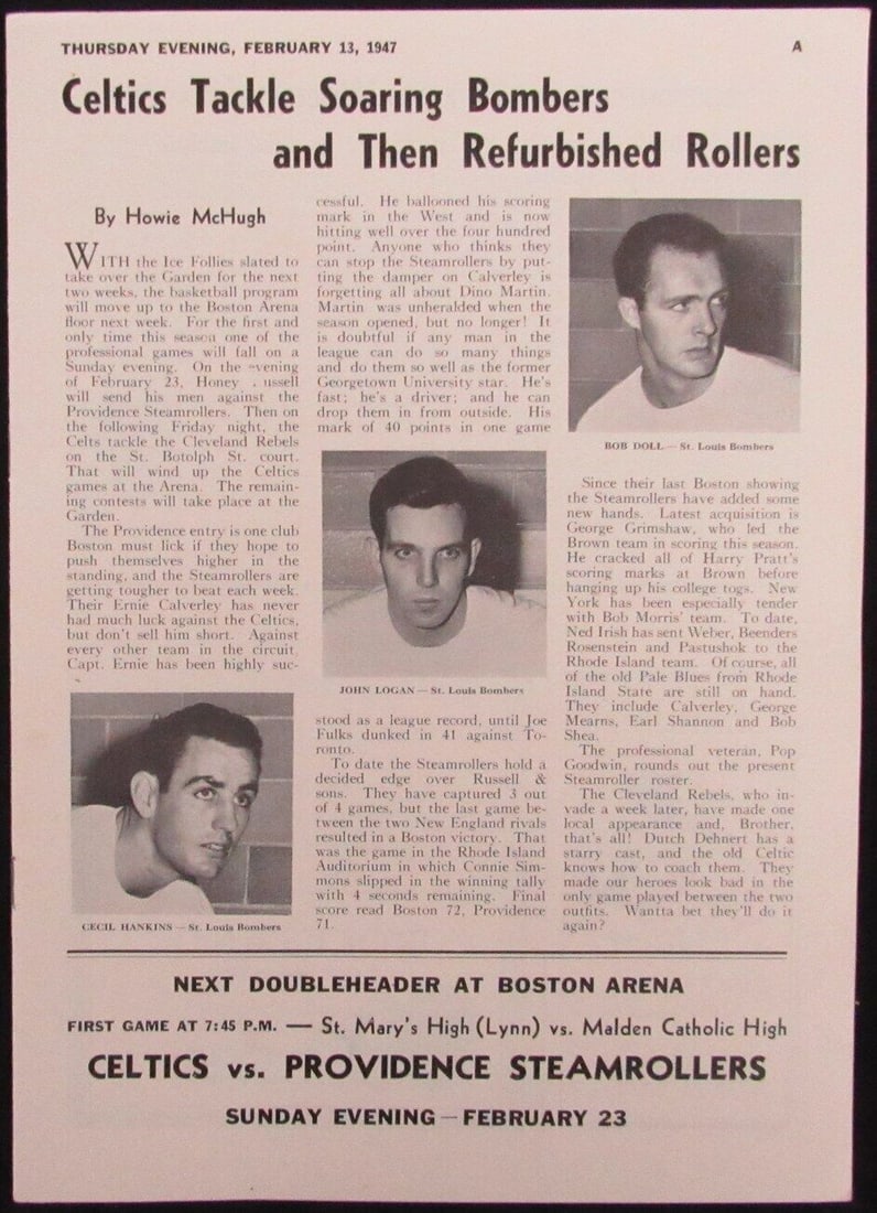 1947 Boston Garden Celtics vs St Louis Bombers original game program (1 of 5)