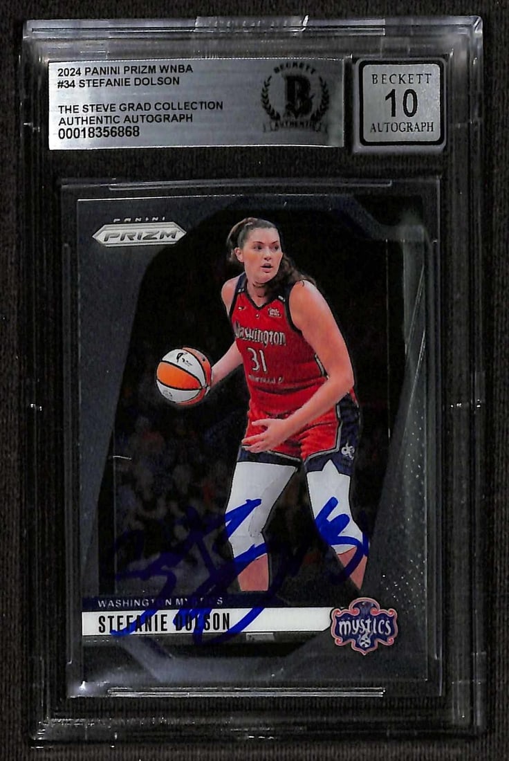 Beckett Authenticated 2024 Panini Prizm WNBA Stefanie Dolson Autograph Card: Beckett Authenticated 2024 Panini Prizm WNBA Stefanie Dolson Autograph Card Hand-signed 2024 Panini Prizm WNBA trading card featuring Stefanie Dolson of the Washington Mystics. The card is encapsulate
