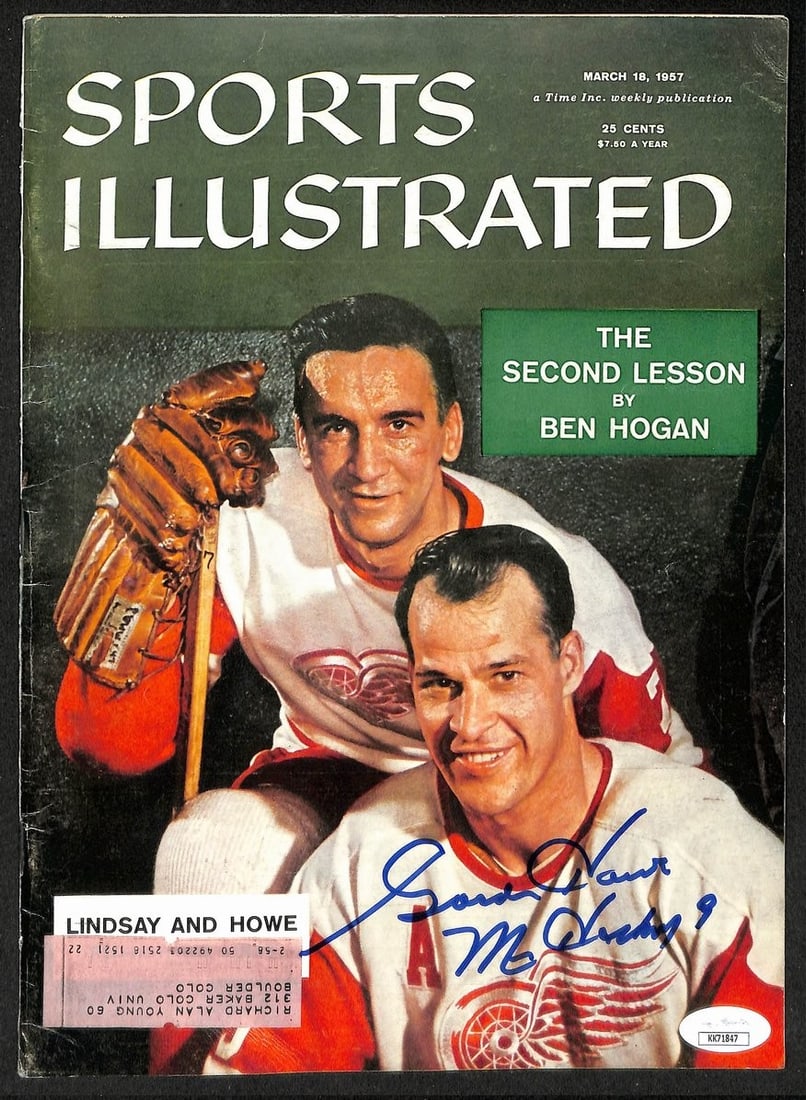 Autographed 1957 Sports Illustrated Gordie Howe Red Wings JSA 212128: Autographed 1957 Sports Illustrated Gordie Howe Red Wings JSA 212128 Original Gordie Howe Hall of Fame signed 1957 Sports Illustrated item featuring the Red Wings. This pre-owned hockey collectible is