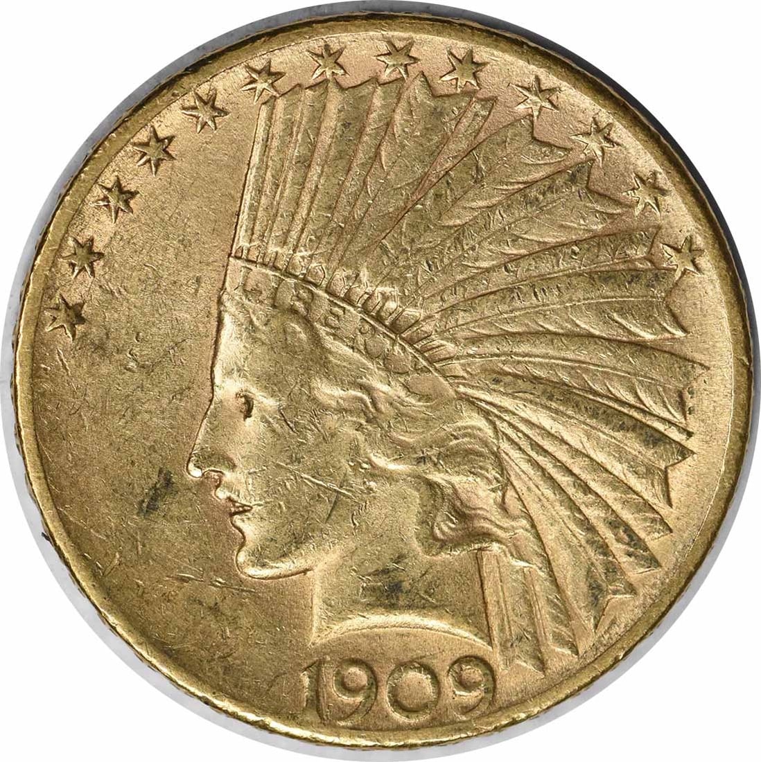 1909-S $10 Gold Indian Coin AU Uncertified by Augustus Saint Gaudens: 1909-S $10 Gold Indian Coin AU Uncertified by Augustus Saint Gaudens This 1909-S $10 Gold Indian coin showcases the remarkable artistry of designer Augustus Saint Gaudens. With a grade of AU, this coi