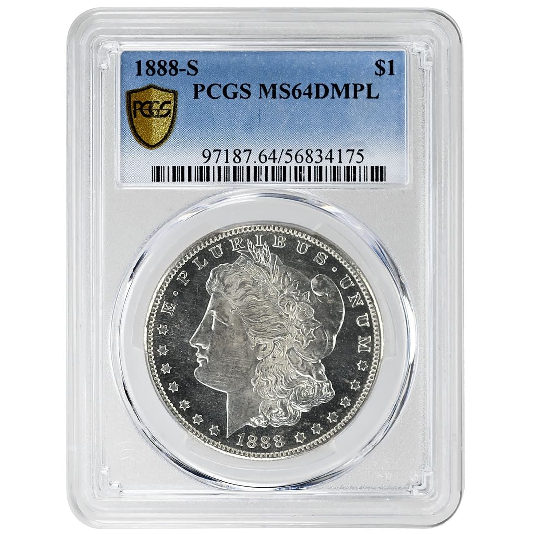 PCGS MS64 DMPL 1888-S Morgan $1 Silver Dollar: PCGS MS64 DMPL 1888-S Morgan $1 Silver Dollar 1888-S Morgan Silver Dollar graded PCGS MS64 DMPL. This pre-owned rare coin is white with frosted devices and highly mirrored surfaces, creating a strong 