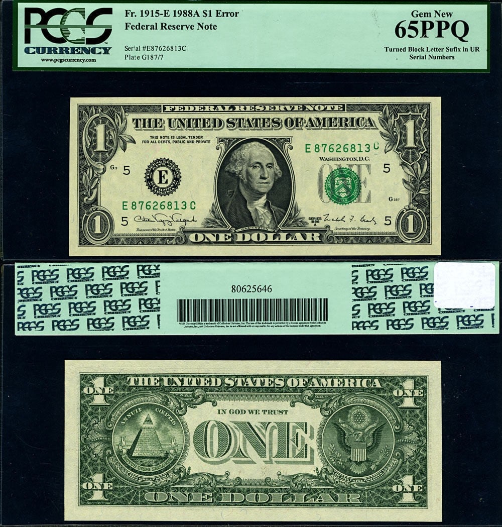 1988-A $1 Federal Reserve Note Richmond Turned Block Letter Error CU65 PPQ: 1988-A $1 Federal Reserve Note Richmond Turned Block Letter Error CU65 PPQ This 1988-A Federal Reserve Note from the Richmond district features a unique Turned Block Letter error, making it a coveted 