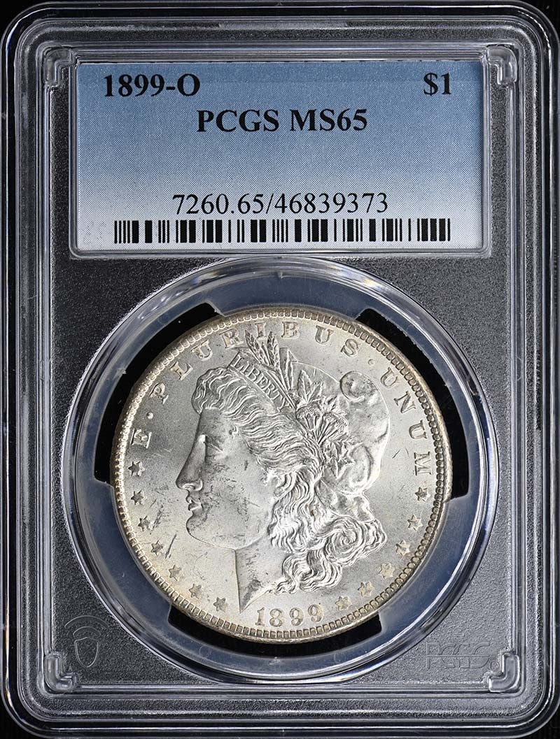 PCGS MS65 1899 O Morgan Silver Dollar $1: PCGS MS65 1899 O Morgan Silver Dollar $1 1899-O Morgan Dollar certified by PCGS and graded MS65. This pre-owned coin is an uncirculated example of the classic Morgan Dollar series struck in the United