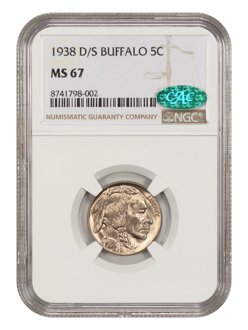 NGC CAC MS67 1938 D over S Buffalo Nickel 5C Variety: NGC CAC MS67 1938 D over S Buffalo Nickel 5C Variety 1938-D/S Buffalo Nickel certified by NGC and graded MS67, with CAC approval. This popular Buffalo Nickel variety is offered in uncirculated, pre-ow