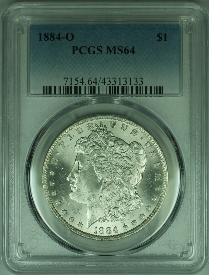 1884 O $1 Morgan Silver Dollar PCGS MS64: 1884 O $1 Morgan Silver Dollar PCGS MS64 This is an 1884-O Morgan Silver Dollar coin, certified by PCGS with a grade of MS-64. Struck in New Orleans, this uncirculated pre-owned coin is composed of si