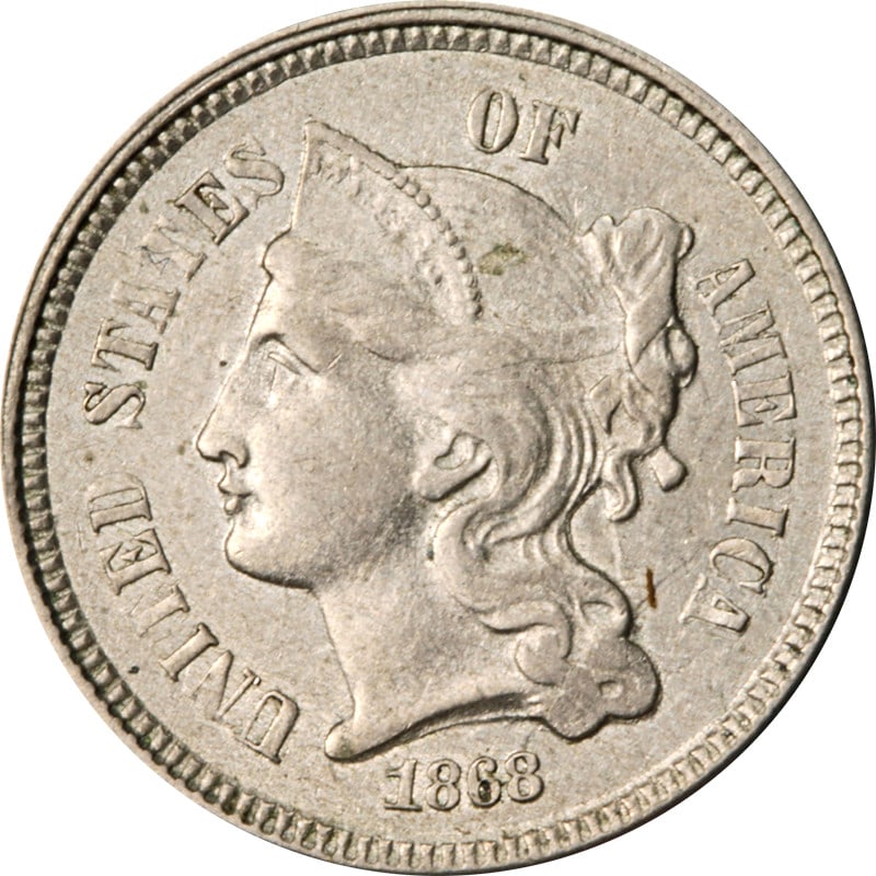 1868 United States 3 Cent Nickel Coin: 1868 United States 3 Cent Nickel Coin 1868 Three Cent Nickel coin from the United States. This uncertified pre-owned coin is circulated and composed of nickel. Specifications Item Type: Coin Denominat