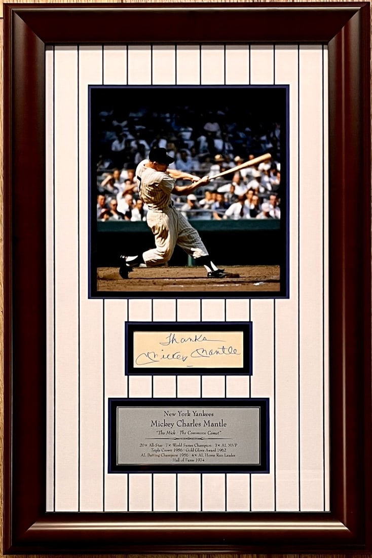 Mickey Mantle Signed Custom Framed Display with JSA Authentication: Mickey Mantle Signed Custom Framed Display with JSA Authentication Enhance your collection with this exceptional custom framed display featuring a signed cut signature of Hall of Famer Mickey Mantle, 