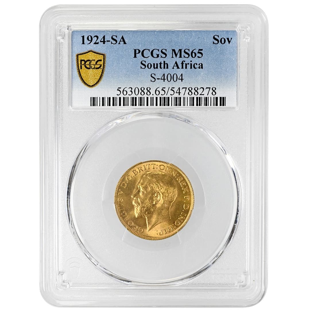 PCGS MS65 1924 SA George V Gold Sovereign Pretoria Mint: PCGS MS65 1924 SA George V Gold Sovereign Pretoria Mint Pre-owned 1924 SA Gold Sovereign featuring George V, struck for the United Kingdom and certified by PCGS as MS65. Pretoria Mint. Specifications 