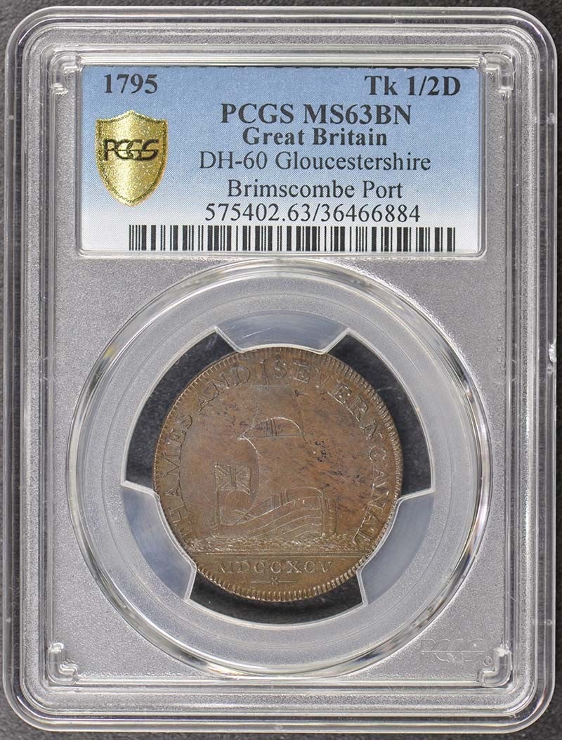 1795 Brimscombe Port Gloucestershire Half Penny PCGS MS63BN: 1795 Brimscombe Port Gloucestershire Half Penny PCGS MS63BN This is a 1795 Great Britain Brimscombe Port Gloucestershire half penny token, graded MS63 Brown by PCGS. The coin is uncirculated and featu