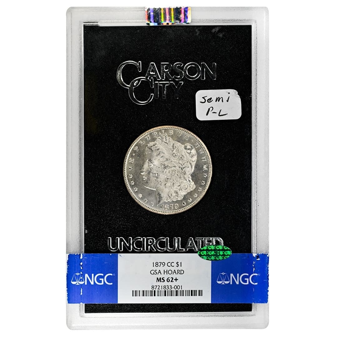 NGC MS62+ CAC 1879-CC Carson City Morgan Silver Dollar GSA Hoard: NGC MS62+ CAC 1879-CC Carson City Morgan Silver Dollar GSA Hoard 1879-CC Morgan Dollar from the GSA Hoard, graded NGC MS62+ and bearing CAC approval. This pre-owned United States silver dollar is a Ca