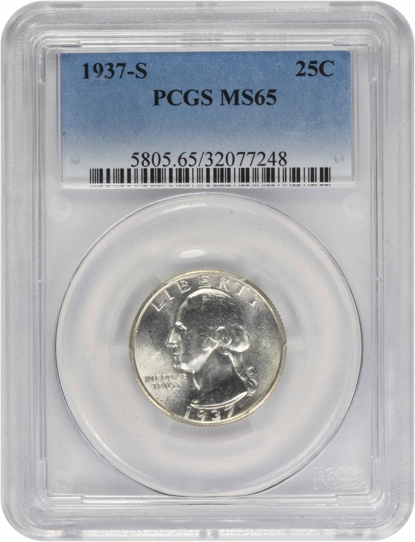 PCGS MS65 1937-S Silver Washington Quarter 25C: PCGS MS65 1937-S Silver Washington Quarter 25C 1937-S Washington Quarter graded MS65 by PCGS. This uncirculated United States coin is composed of silver and has a denomination of 25C. The listing iden