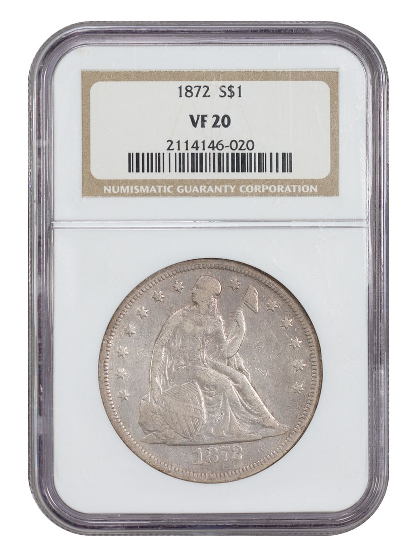 1872 Liberty Seated Silver Dollar NGC VF20 Philadelphia: 1872 Liberty Seated Silver Dollar NGC VF20 Philadelphia 1872 Liberty Seated Dollar certified by NGC in VF20 condition. This is a circulated, pre-owned example of the Seated Dollar type and is describe