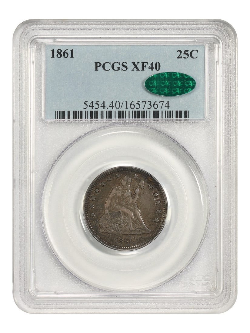 1861 Liberty Seated 25C Quarter PCGS CAC XF40 Civil War Issue: 1861 Liberty Seated 25C Quarter PCGS CAC XF40 Civil War Issue 1861 Liberty Seated Quarter, a Civil War date coin in circulated condition. This piece is certified by PCGS and also carries CAC approval.