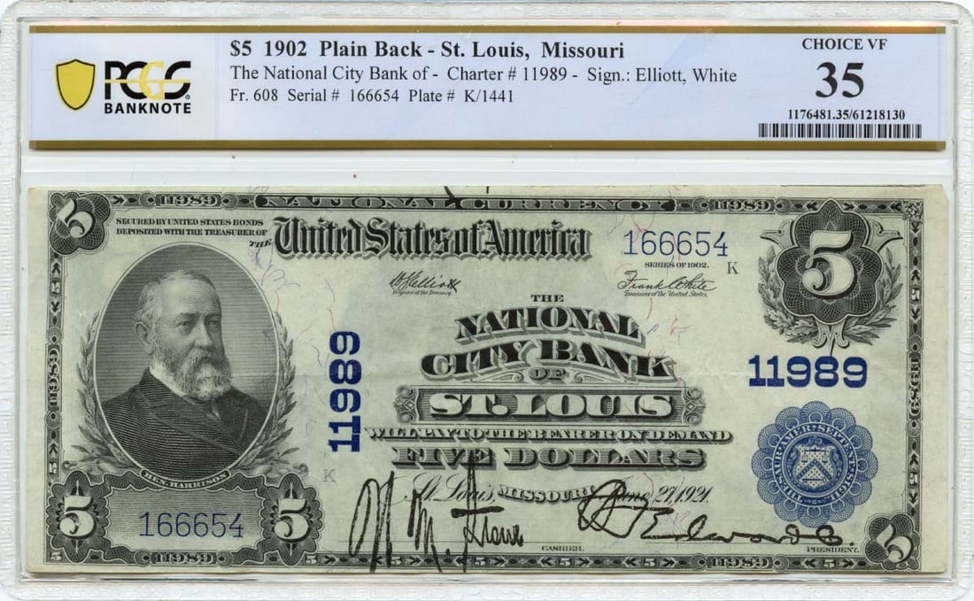 PCGS VF35 1902 $5 National Bank Note St Louis MO CH#11989 FR#608: PCGS VF35 1902 $5 National Bank Note St Louis MO CH#11989 FR#608 1902 $5 National bank note from The National City Bank of St. Louis, Missouri. This pre-owned example is a circulated note graded VF35 