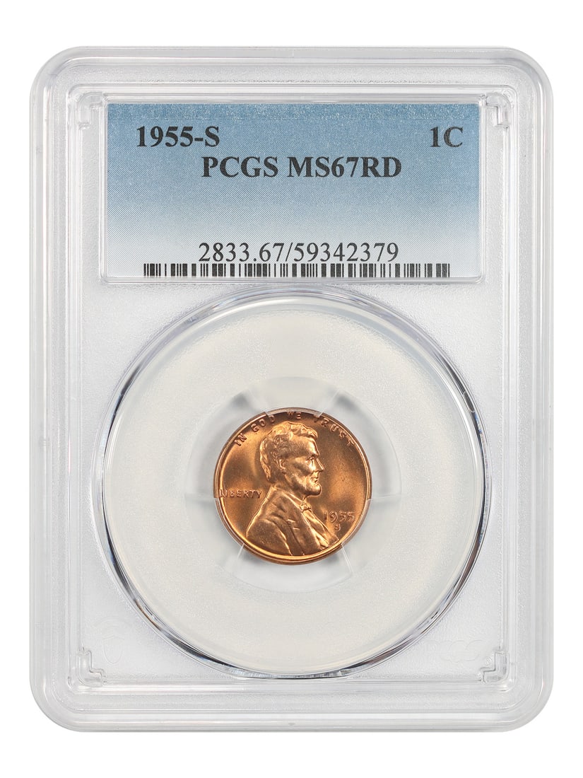 PCGS MS67RD 1955-S Lincoln Wheat Reverse Cent 1C: PCGS MS67RD 1955-S Lincoln Wheat Reverse Cent 1C 1955 Lincoln Cent with Wheat Reverse, struck at the San Francisco Mint and certified by PCGS as MS67RD. This pre-owned coin is listed as uncirculated a