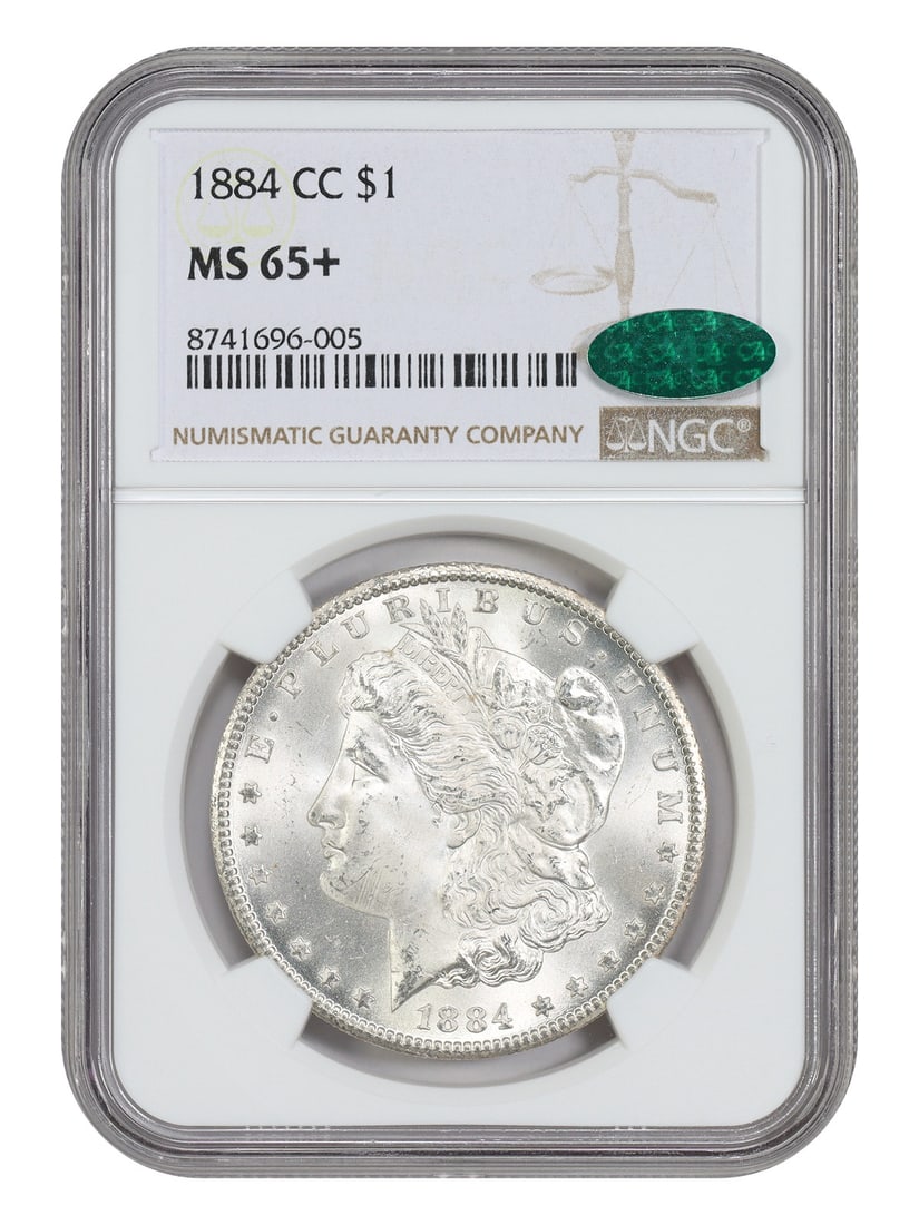1884 Carson City Morgan Silver Dollar NGC CAC MS65+: 1884 Carson City Morgan Silver Dollar NGC CAC MS65+ 1884 Carson City Morgan Dollar certified by NGC and CAC in MS65+ grade. This uncirculated example is a popular CC-mint issue and is noted as one of 