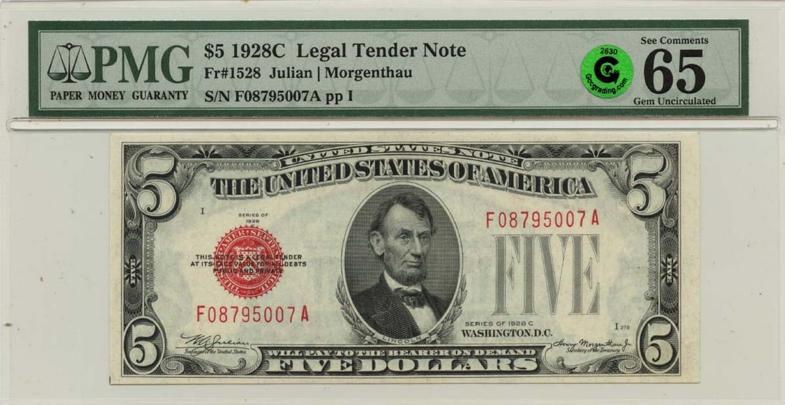 PMG Graded 1928C Five Dollar Legal Tender Note Gem 65 EPQ: PMG Graded 1928C Five Dollar Legal Tender Note Gem 65 EPQ This is a 1928C $5 Legal Tender Note from the United States, graded MS65 GEM Uncirculated by PMG. The note is certified with number 1003980007